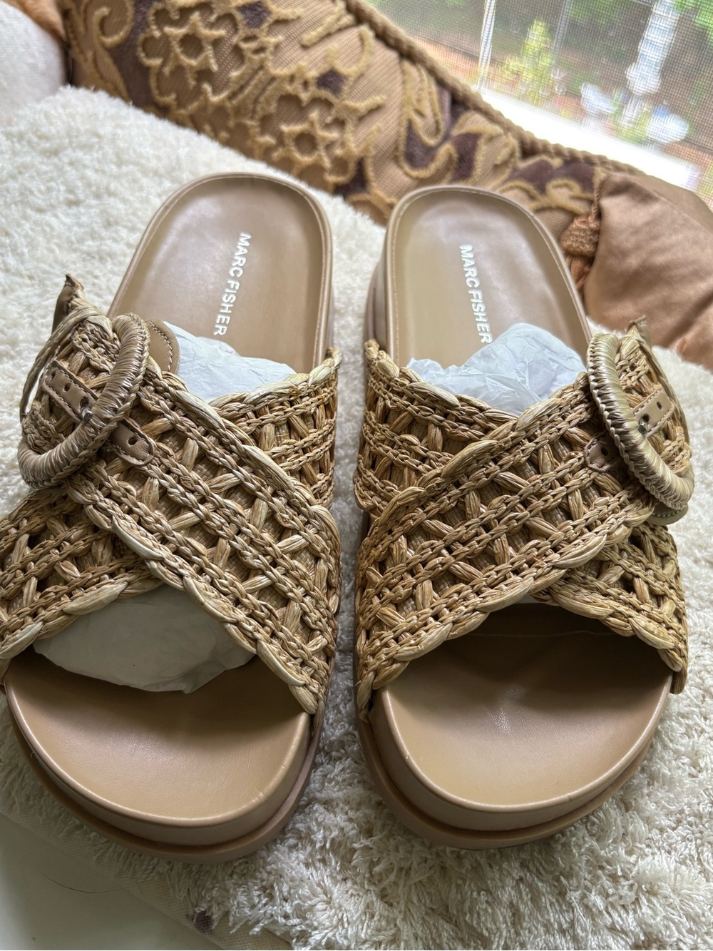 Marc Fisher Braided Natural Tan Slide Mules with Buckle